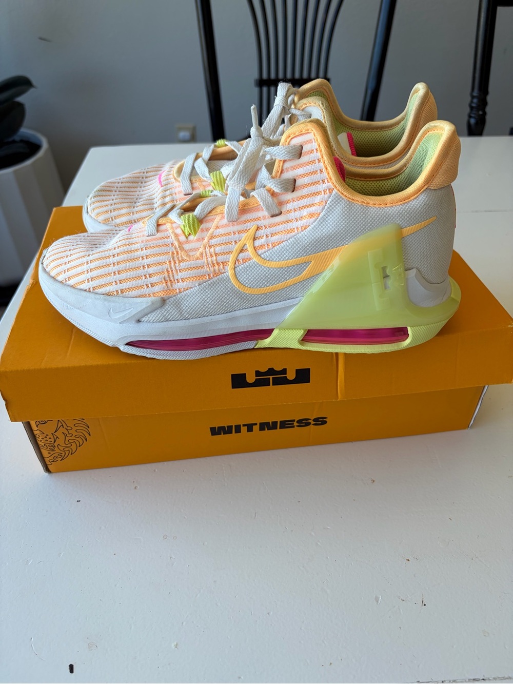 Nike Kids Basketball Sneakers in White with Yellow & Pink Accents